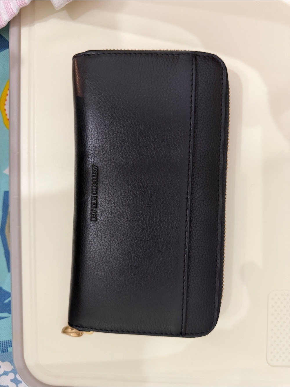 NWOT ANTONIO MELANI Black Pebbled Zip-Around Wallet with Gold Trim